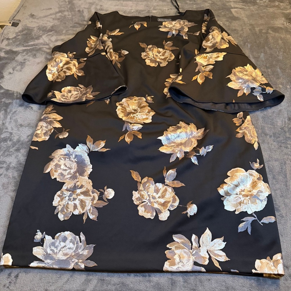 Jessica Howard Floral Shift Dress Womens 20W Black Gold Bell Sleeve‎